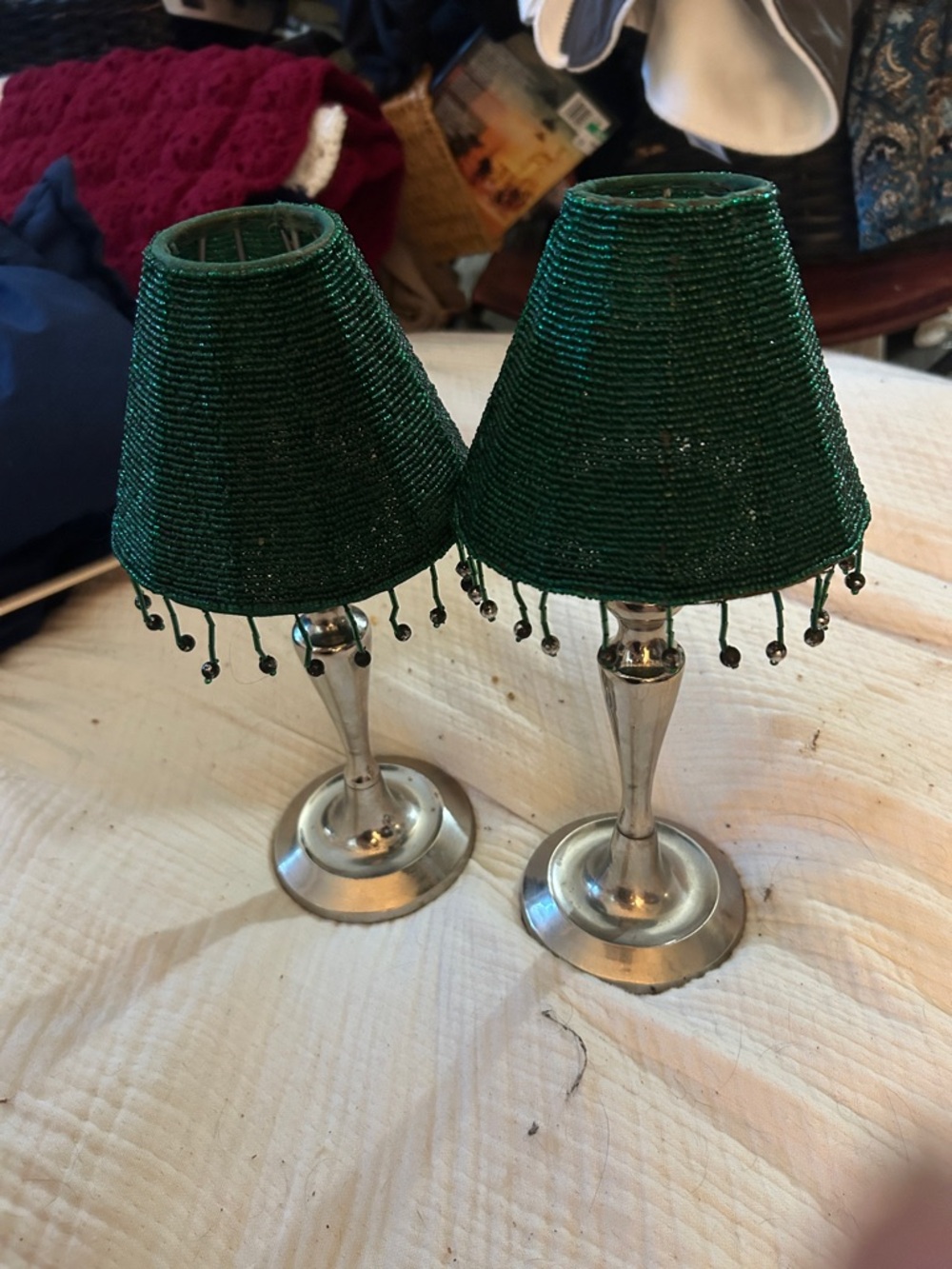 Pottery Barn Silver Candlestick Lamps with Emerald Green Beaded Shades